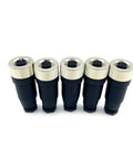 Five M12 4 Pin Female Connector IP67 Waterproof A Code Industrial Circular Connectors displayed upright, focus on the metal ends.