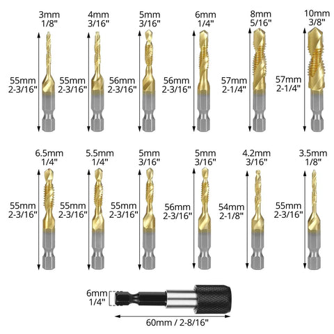 3 In 1 HSS Tap Bit Set 13 Piece SAE And Metric Combo Drill Tap Bits For Drilling, Tapping, And Countersinking, displayed sizes