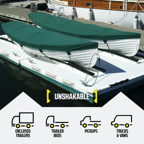 50 Pack Tarp Straps For Flatbed Trailers 9 Inch Long Natural Rubber Bungee Tie Downs With Metal S Hooks secures boats on dock.