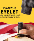 Hand using Professional Grommet Kit For Three Eighths To One Half Inch Brass Grommets For Tarp Repair And Canvas Reinforcement