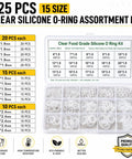 Clear Food Grade Silicone O Ring Set 225 Piece Seal Kit With A Wide Range Of Sizes in divided case for DIYers and home tinkerers