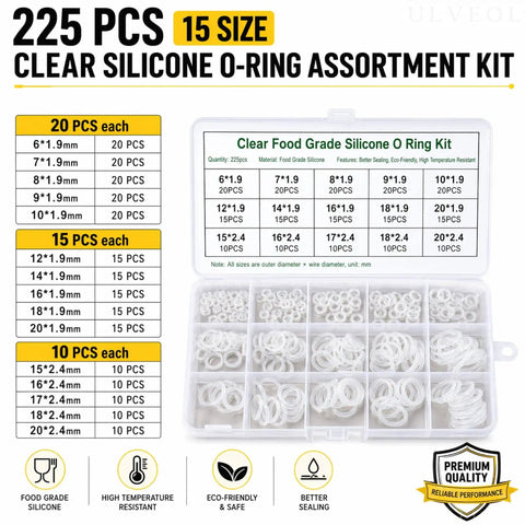 Clear Food Grade Silicone O Ring Set 225 Piece Seal Kit With A Wide Range Of Sizes in divided case for DIYers and home tinkerers