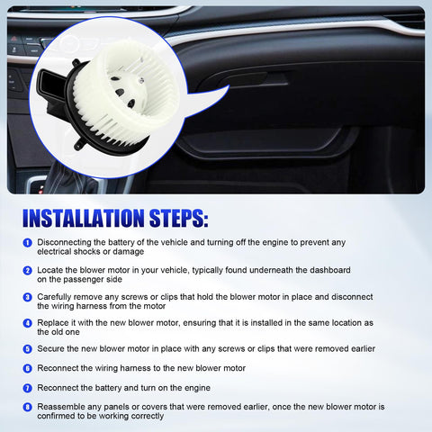 View of installation steps for Heater Blower Motor With Fan That Fits Dodge Grand Caravan Jeep Grand Cherokee Chrysler Town And Country Durango 2008 2009 2010 2011 2012 2013 2014 2015 2016 2017 2018 2019 2020 Replacement HVAC Fan Motor in a car dashboard context with visual instructions.