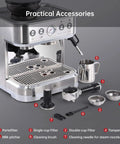 Kickstart Your Day With This Top Shelf 15 Bar Semi Auto Espresso Machine Packing A Sick Built In Conical Burr Grinder And Smooth Steam Wand For Legit Cappuccinos And Dope Lattes At Home Or Work 77 Oz Tank showing practical accessories including portafilter, milk pitcher, filters, and tamper.