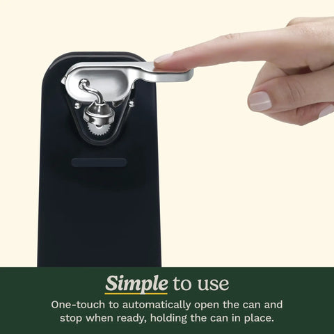 Reliable Automatic Electric Can Opener With Simple One Touch Activation And Secure Nonslip Base For No Sweat Everyday Kitchen Cooking And Canning Prep In Sleek Black, hand press demonstration.