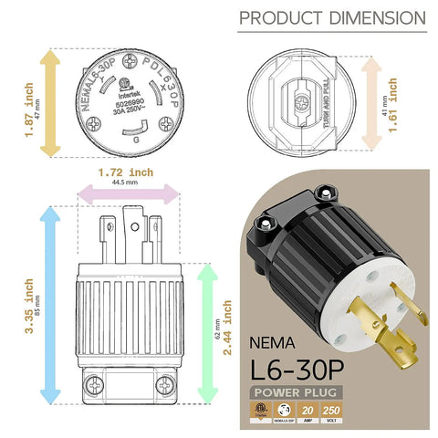Image showing product dimension diagrams and specs for L6-30P Power Plug, including top and side view dimensions and design.