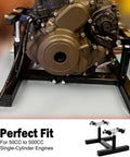 Beefy Heavy Duty Motorcycle Engine Stand With 1000 Pound Capacity holding a motorcycle engine, adjustable height, steel frame.