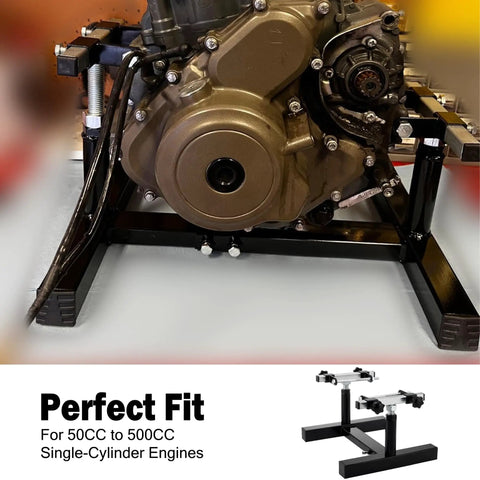 Beefy Heavy Duty Motorcycle Engine Stand With 1000 Pound Capacity holding a motorcycle engine, adjustable height, steel frame.