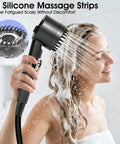 Woman using shower with 22 silicone massage strips in bathroom
