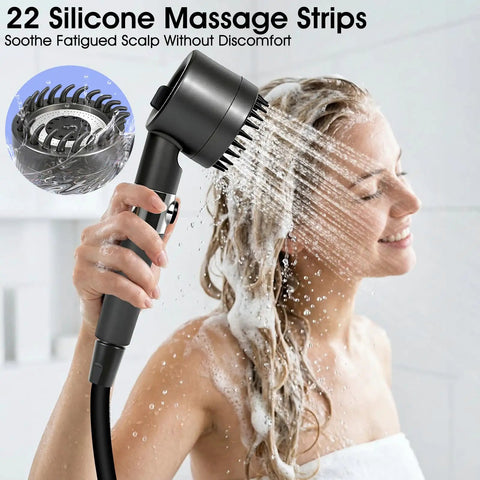 Woman using shower with 22 silicone massage strips in bathroom