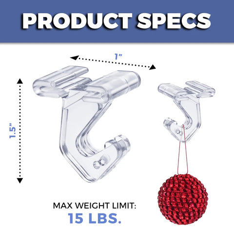 Crystal Clear Hinged Polycarbonate Ceiling Hooks For Drop Ceiling T-Bars Pack Of 100, 1 in W by 1.5 in H, holding 15 lbs with red ornament