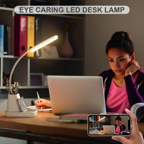 Desk Lamp With Wireless Charger For Home Office, LED Eye Caring Light with pen holder on study desk beside focused student, white