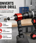 Pro Grade Electric Rivet Gun Adapter Kit For Drills M3 To M10 in use converting drill for metalwork assembly.