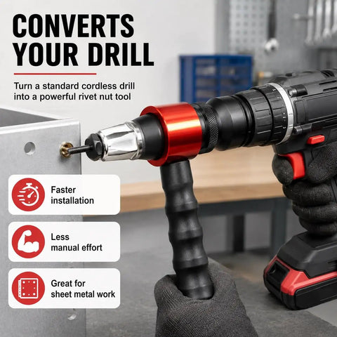 Pro Grade Electric Rivet Gun Adapter Kit For Drills M3 To M10 in use converting drill for metalwork assembly.
