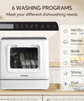 No Sweat Countertop Dishwasher With Built In Water Tank controls showcasing 6 wash cycles, compact design on table in kitchen.