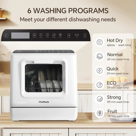 No Sweat Countertop Dishwasher With Built In Water Tank controls showcasing 6 wash cycles, compact design on table in kitchen.