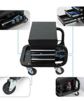 Heavy Duty Rolling Tool Box With Three Built In Drawers Paired With Comfy Mechanic Stool showing drawers and swivel casters.