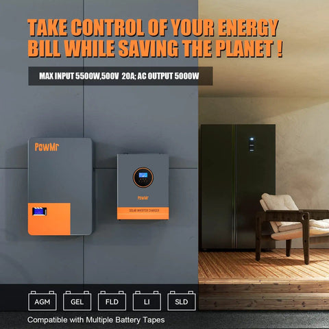 Beast 5000W Solar Inverter 48V To 120V Pure Sine Wave with built-in 80A MPPT Controller mounted on wall indoors