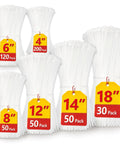 Assorted Zip Ties Pack 4 To 18 Inches Clear White, Multi Size With 18Lb To 75Lb Tensile Strength, 500 Count For Indoor Outdoor DIYers
