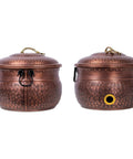 Water Hose Holder With Lid Ground Garden Hose Pot For Indoor And Outdoor Use Copper Accents Steel Construction With Handle Decorates Patio Or Deck Keeps Hose Neat Protected And Ready To Go, front and back view, copper finish.
