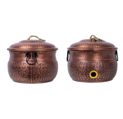 Water Hose Holder With Lid Ground Garden Hose Pot For Indoor And Outdoor Use Copper Accents Steel Construction With Handle Decorates Patio Or Deck Keeps Hose Neat Protected And Ready To Go, front and back view, copper finish.