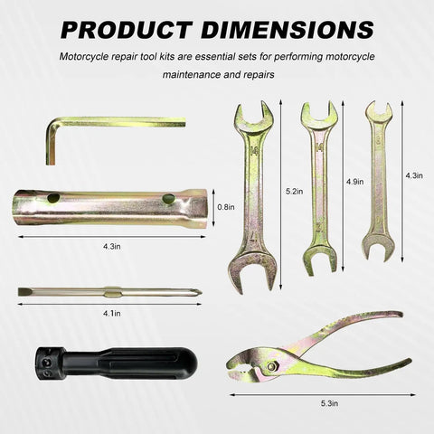 Dimensions of 7 Piece Motorcycle Repair Tool Kit with spanner, screwdriver, pliers, spark plug socket for quick bike maintenance