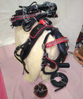 Top Notch Premium Leather Driving Harness For Gypsy Horse Black With Red Piping Full Single Horse Cart Set displayed on fabric.