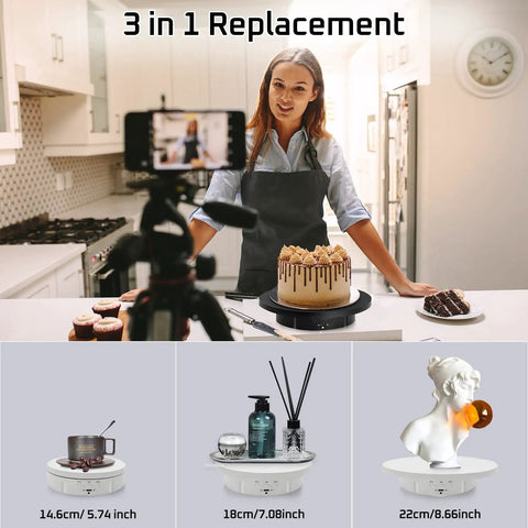 Stunning 3 in 1 Motorized Rotating Display Stand With Remote Control Max 22 Lbs Load For Jewelry Watches Products Photography Shoots Smooth 360 Electronic Turntable showcases a cake display.
