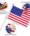Diagram of Cool 100 Pack Small American Flags On Sticks 8 By 12 Inch showing flag size, tear-resistant fabric, wood sticks, spear tip.