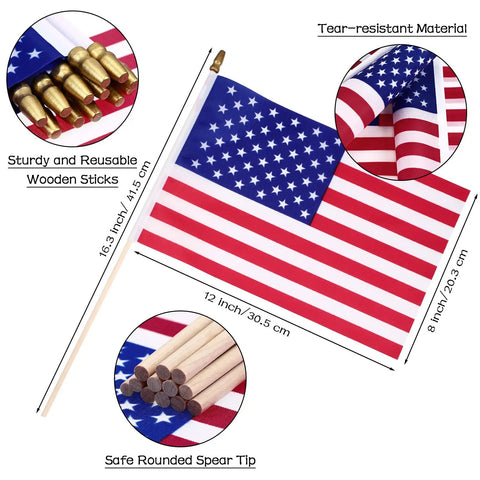 Diagram of Cool 100 Pack Small American Flags On Sticks 8 By 12 Inch showing flag size, tear-resistant fabric, wood sticks, spear tip.