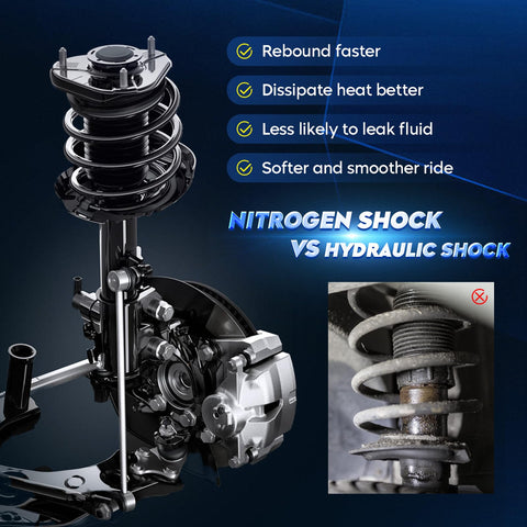 Close-up of Toyota Corolla Front Strut Assembly With Coil Spring And Sway Bar Links Kit, highlighting nitrogen shock.