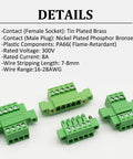 Five Pack 4 Pin Screw Terminal Block Connector With Through Wall Mount 3.81 Millimeter Pitch Beefy PA66 Flame Retardant Safe And Reliable 8 Amp At 300 Volt Fits 16 To 28 AWG Wires, display of connectors with contact details.