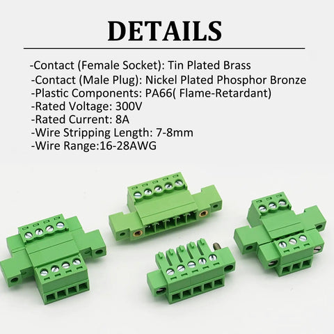 Five Pack 4 Pin Screw Terminal Block Connector With Through Wall Mount 3.81 Millimeter Pitch Beefy PA66 Flame Retardant Safe And Reliable 8 Amp At 300 Volt Fits 16 To 28 AWG Wires, display of connectors with contact details.