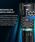 Close-up of 2 Pack Rechargeable Flashlights With Dual Switch And Fixed Focus, showing LCD battery display and flashlight body.