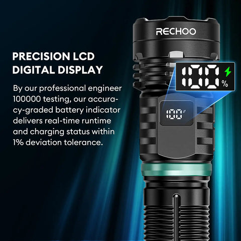 Close-up of 2 Pack Rechargeable Flashlights With Dual Switch And Fixed Focus, showing LCD battery display and flashlight body.