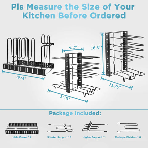 Heavy Duty Adjustable Pots And Pans Organizer Under Cabinet With Anti Slip Rubber Dividers Tight Fit Home Kitchen Storage Rack dimensions and parts illustration.