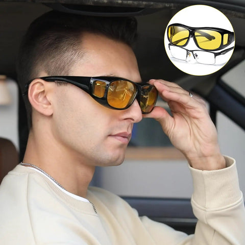 Man wearing Night Driving Glasses For Men And Women Anti Glare Polarized Yellow Lenses With HD Night Vision Wrap Around Fit Over Glasses