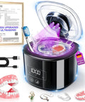 Upgraded Ultrasonic Retainer Cleaner 300ML With 50KHz Dual Tech And 4.0 Smart Chip, showing dental cleaning and accessories