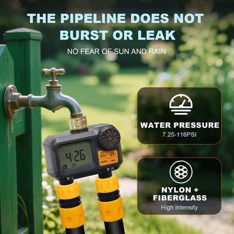Water Timer For Garden Hose Two Outlet Sprinkler System With Brass Swivel attached to outdoor faucet