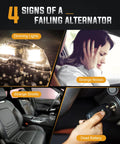 Collage showing signs of a failing alternator: dimming lights, strange noises, smells, and dead battery indicator on car dashboard.