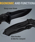Close-up of Beefy Everyday Carry Folding Knife with sharp blade, glass breaker, and aluminum handle, ideal for camping and survival.