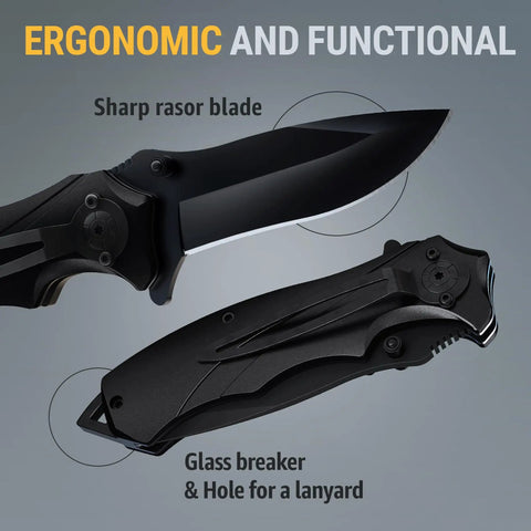 Close-up of Beefy Everyday Carry Folding Knife with sharp blade, glass breaker, and aluminum handle, ideal for camping and survival.