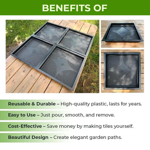 Plastic Molds Concrete Set For Patio Paving 4 Pcs Big Pathmaker Reusable Cobblestone Walkway Forms on wood surface.