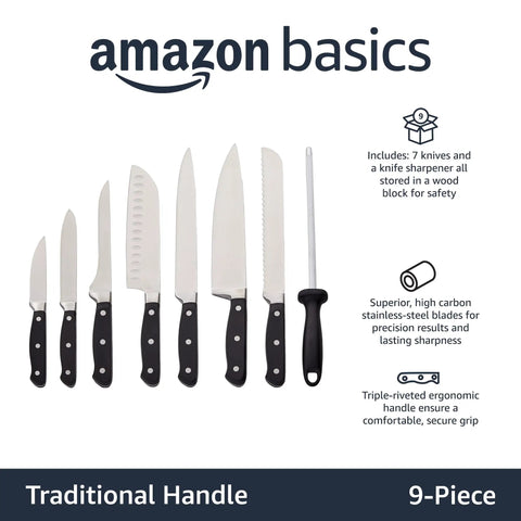 Top Shelf 9 Piece High Carbon Stainless Steel Kitchen Knife Set With Ergonomic Full Tang Handles Pine Wood Storage Block And Built In Sharpener For Daily Cooking