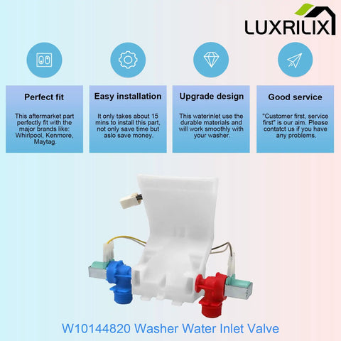 Washer Water Inlet Valve Replacement For Whirlpool Amana Kenmore W10140911 W10140914 W10311458 WPW10144820 displayed with features.