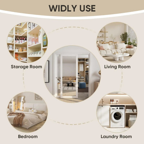 Heavy Duty 60 By 80 Inch White Preassembled Mirror Closet Door With Waterproof Wood Frame And Complete Slide Hardware Plus Matching Fascia For Easy No Sweat Diy Setup And Crystal Clear Low Distortion Glass in multiple room settings.