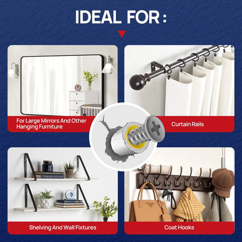 Image showing ideal uses for Fast Fix For Loose Drywall Anchors Without Filling Or Redrilling This Complete Repair Kit, including mirrors and shelves.