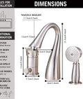 Diagram of Brass Bathtub Faucet Set With Waterfall Style Shower, brushed nickel, single handle, handheld sprayer with dimensions