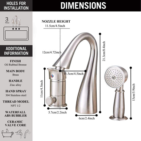 Diagram of Brass Bathtub Faucet Set With Waterfall Style Shower, brushed nickel, single handle, handheld sprayer with dimensions