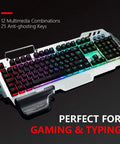 Full Size Mechanical Keyboard And Mouse Combo With Rgb Gaming Backlighting, tactile switches, detachable wrist rest, ideal for gaming and typing.